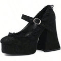 Womens Lace Flower Heels Goth Platform Shoes Chunky High Heel Mary Janes Gothic Shoe  Buckle  Rhinestone    Office