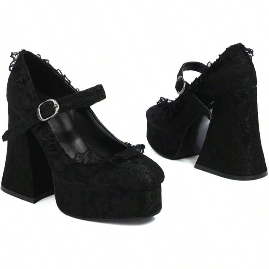 Womens Lace Flower Heels Goth Platform Shoes Chunky High Heel Mary Janes Gothic Shoe  Buckle  Rhinestone    Office
