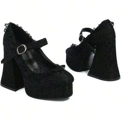 Women’s Lace Flower Mary Jane Platform Heels | Chunky Block Heel with Rhinestone Buckle