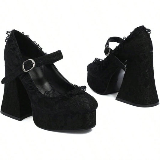 Women’s Lace Flower Mary Jane Platform Heels | Chunky Block Heel with Rhinestone Buckle