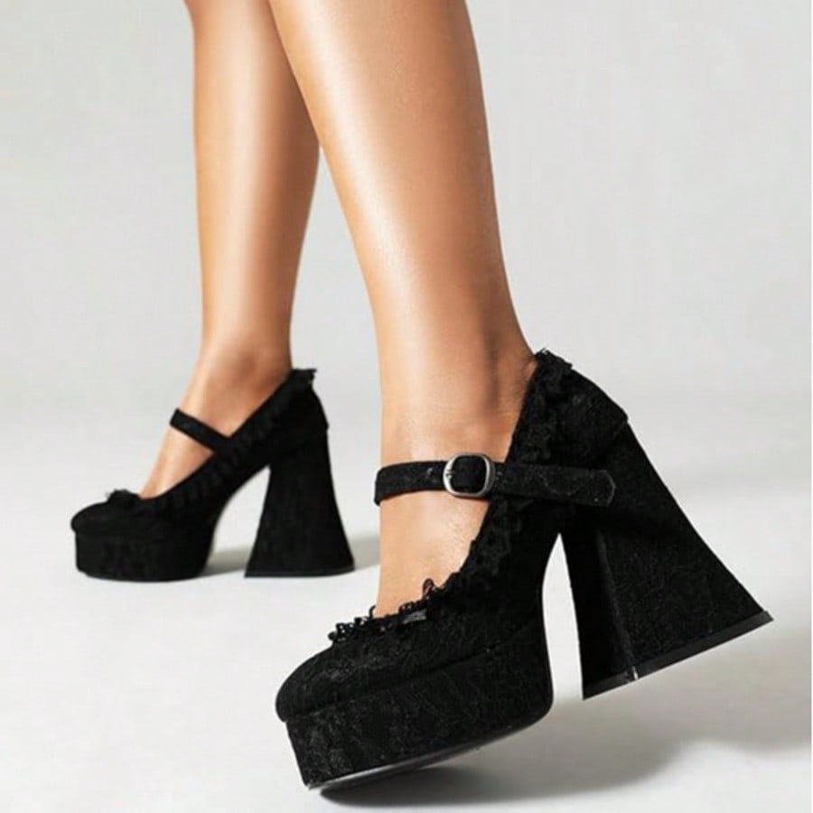 Womens Lace Flower Heels Goth Platform Shoes Chunky High Heel Mary Janes Gothic Shoe  Buckle  Rhinestone    Office