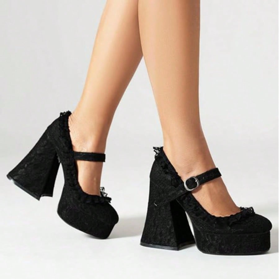 Womens Lace Flower Heels Goth Platform Shoes Chunky High Heel Mary Janes Gothic Shoe  Buckle  Rhinestone    Office