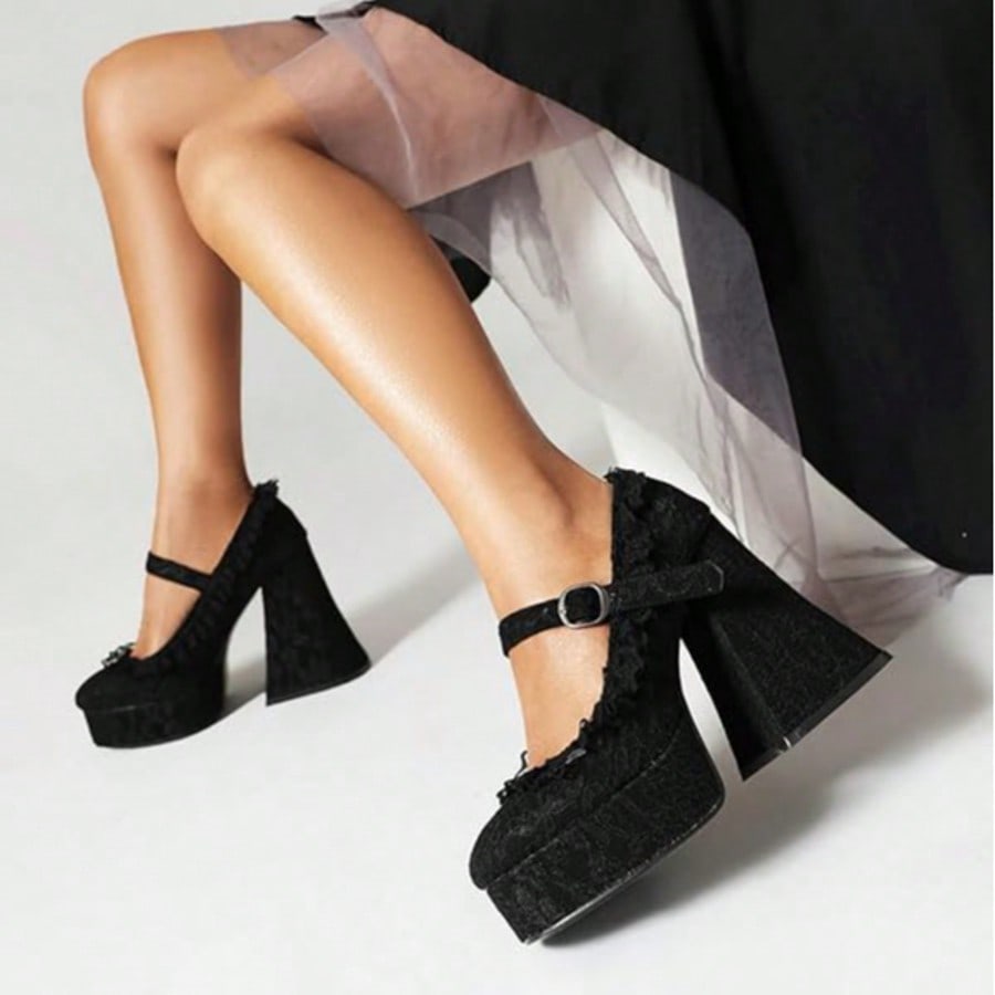 Womens Lace Flower Heels Goth Platform Shoes Chunky High Heel Mary Janes Gothic Shoe  Buckle  Rhinestone    Office