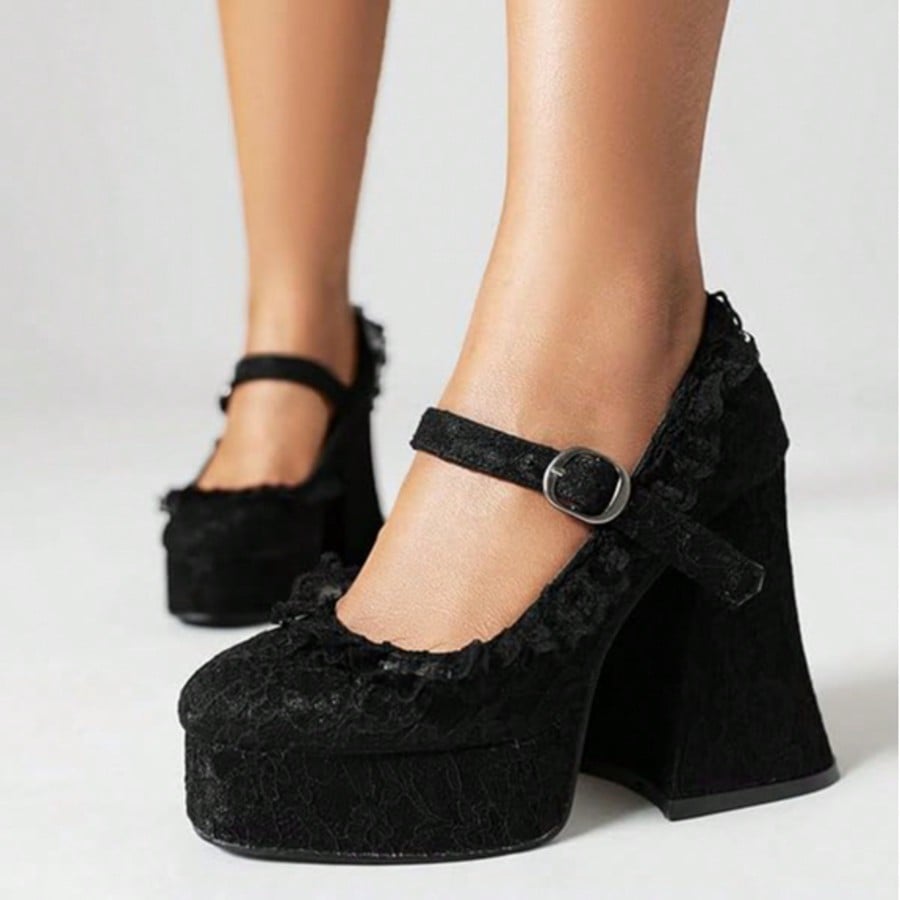 Womens Lace Flower Heels Goth Platform Shoes Chunky High Heel Mary Janes Gothic Shoe  Buckle  Rhinestone    Office