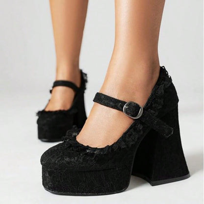 Women’s Lace Flower Mary Jane Platform Heels | Chunky Block Heel with Rhinestone Buckle
