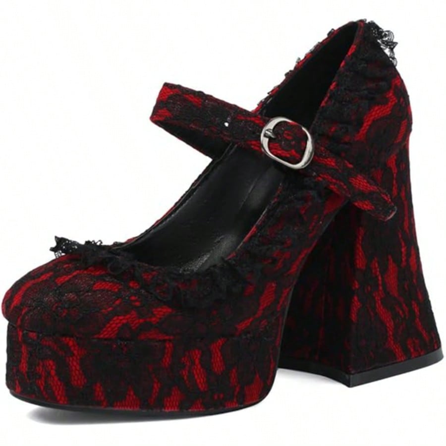 Womens Lace Flower Heels Goth Platform Shoes Chunky High Heel Mary Janes Gothic Shoe  Buckle  Rhinestone    Office