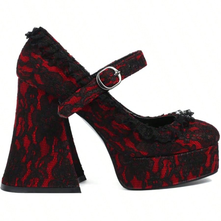 Womens Lace Flower Heels Goth Platform Shoes Chunky High Heel Mary Janes Gothic Shoe  Buckle  Rhinestone    Office