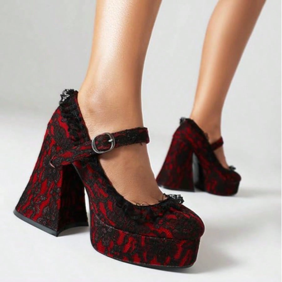 Womens Lace Flower Heels Goth Platform Shoes Chunky High Heel Mary Janes Gothic Shoe  Buckle  Rhinestone    Office