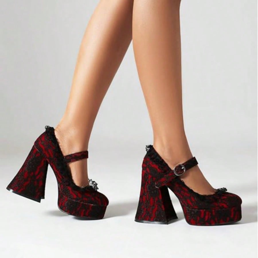 Womens Lace Flower Heels Goth Platform Shoes Chunky High Heel Mary Janes Gothic Shoe  Buckle  Rhinestone    Office