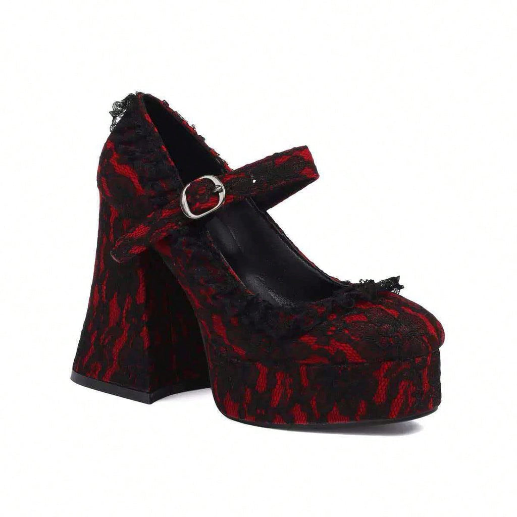 Womens Lace Flower Heels Goth Platform Shoes Chunky High Heel Mary Janes Gothic Shoe  Buckle  Rhinestone    Office