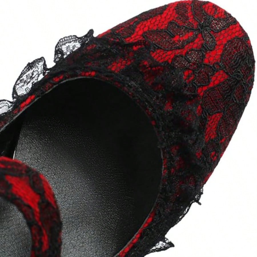 Womens Lace Flower Heels Goth Platform Shoes Chunky High Heel Mary Janes Gothic Shoe  Buckle  Rhinestone    Office