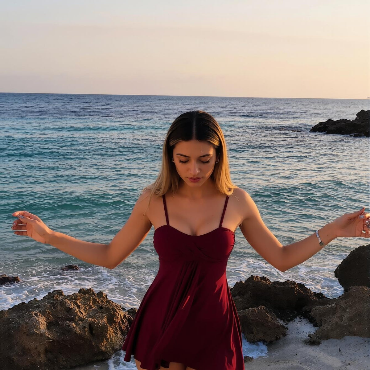 Burgundy Twist-Front Tankini with Flared Skirt