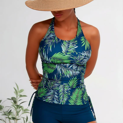 Women's Tropical Leaf Print Tankini Set, Halter Neck Tank Top with Drawstring Sides + Boyshorts, Modest Swimwear for Beach Vacation