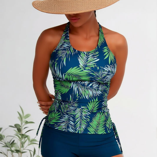 Women's Tropical Leaf Print Tankini Set, Halter Neck Tank Top with Drawstring Sides + Boyshorts, Modest Swimwear for Beach Vacation