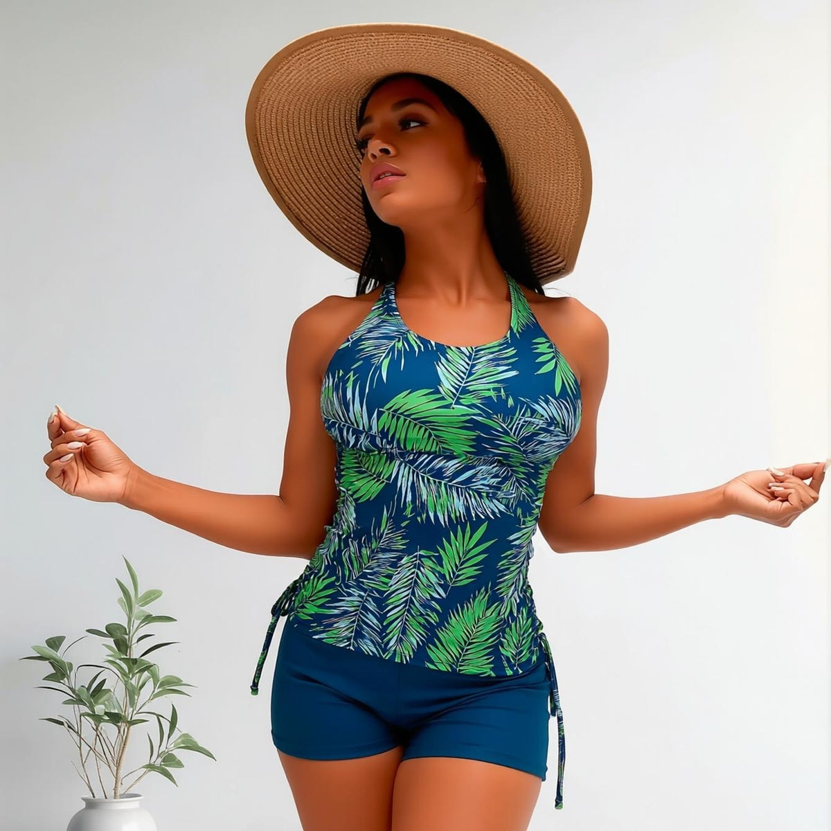 Women's Tropical Leaf Print Tankini Set, Halter Neck Tank Top with Drawstring Sides + Boyshorts, Modest Swimwear for Beach Vacation