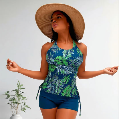 Women's Tropical Leaf Print Tankini Set, Halter Neck Tank Top with Drawstring Sides + Boyshorts, Modest Swimwear for Beach Vacation