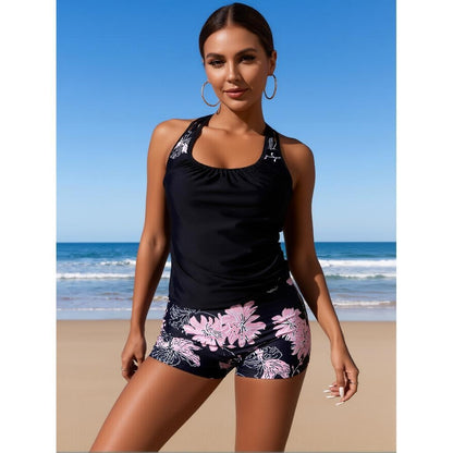 Women's Floral Print Tankini Set, Halter Neck Top with Boyshort Bottom, Tummy Control Swimwear for Beach Vacation