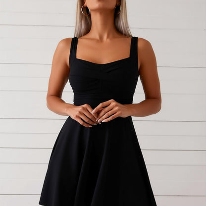 New Women's One-Piece Swimsuit Dress: Black Square Neck, Twist Front, Sleeveless, Flared Skirt, Minimalist Beach Style