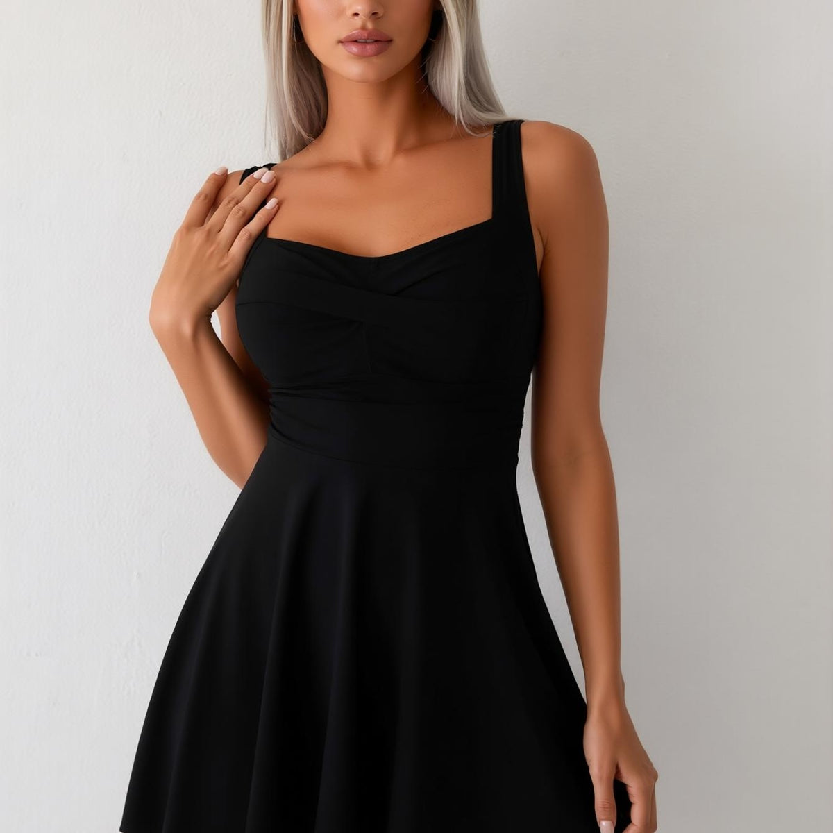 New Women's One-Piece Swimsuit Dress: Black Square Neck, Twist Front, Sleeveless, Flared Skirt, Minimalist Beach Style