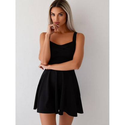 New Women's One-Piece Swimsuit Dress: Black Square Neck, Twist Front, Sleeveless, Flared Skirt, Minimalist Beach Style