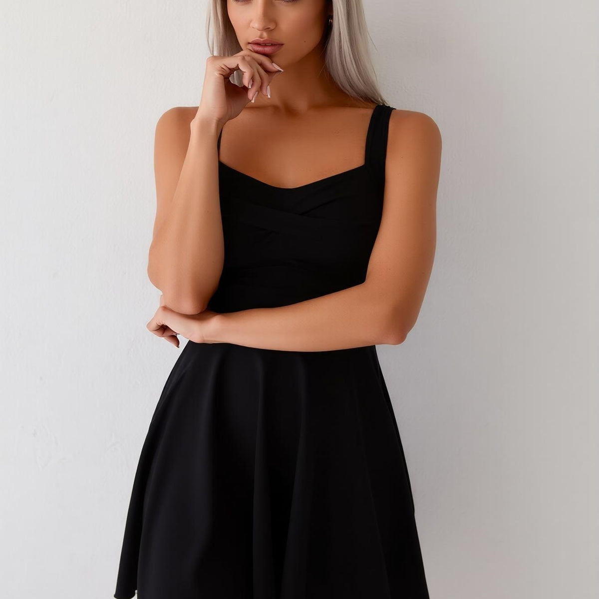 New Women's One-Piece Swimsuit Dress: Black Square Neck, Twist Front, Sleeveless, Flared Skirt, Minimalist Beach Style
