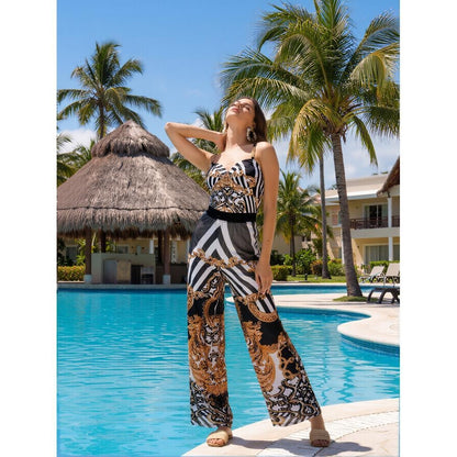 New Black & Gold Baroque Print Spaghetti Strap Jumpsuit Women's High-Waist Wide Leg Vacation Pants for Beach Vacation, Luxury Retro Style