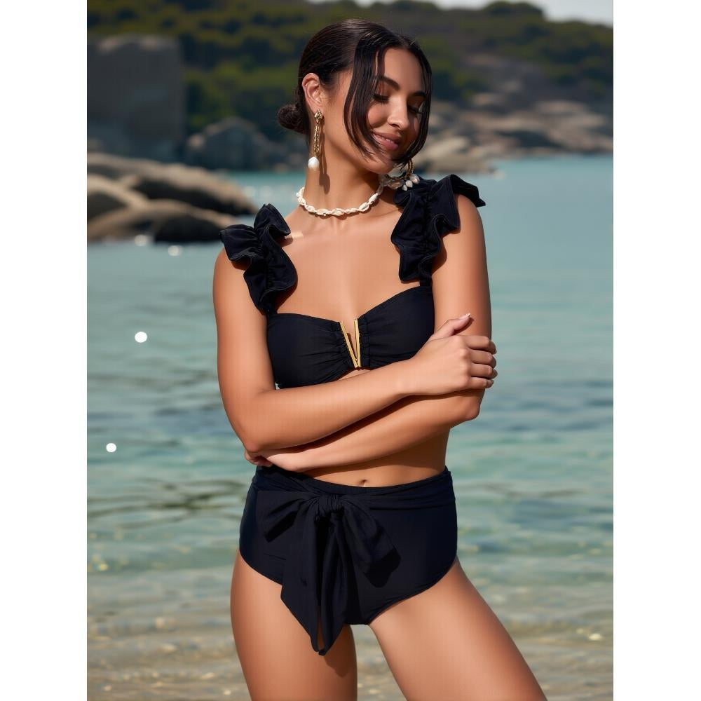 Women's solid color pleated two-piece swimsuit - high waist triangle, slim fit push up, sexy black bikini style, European and American fashion