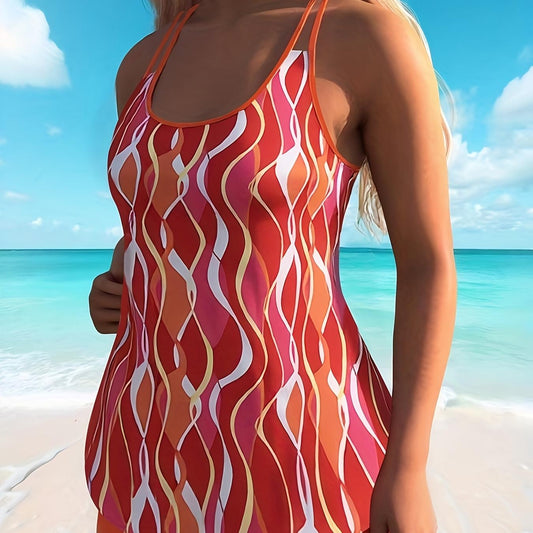 Tankini red ripple print round neck double shoulder strap elegant casual vacation two-piece swimsuit for women
