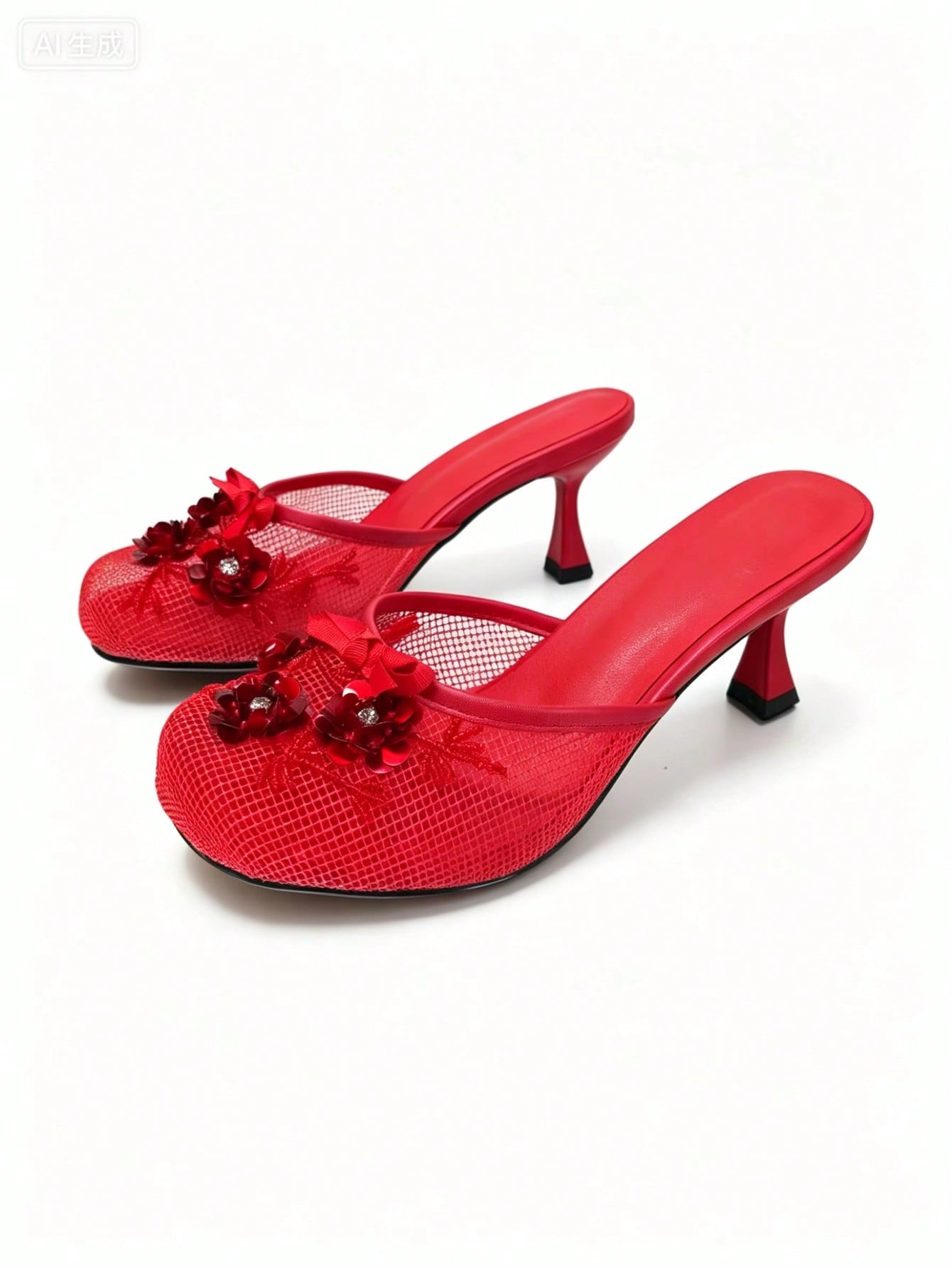 Women's Mesh Mule Slip On Sandals With Floral Sequin Embellishments Round Toe Middle Heel Slides Slippers