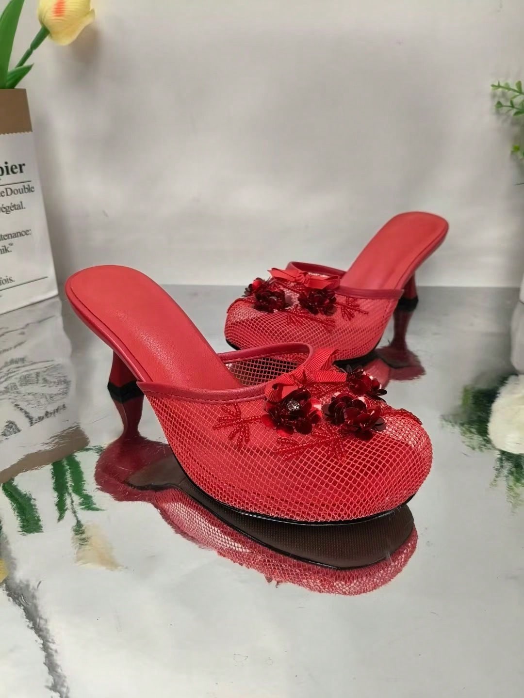 Women's Mesh Mule Slip On Sandals With Floral Sequin Embellishments Round Toe Middle Heel Slides Slippers
