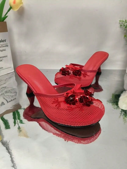 Women’s Floral Sequin Mesh Mule Sandals, Round Toe Mid‑Heel Slip‑On Slides