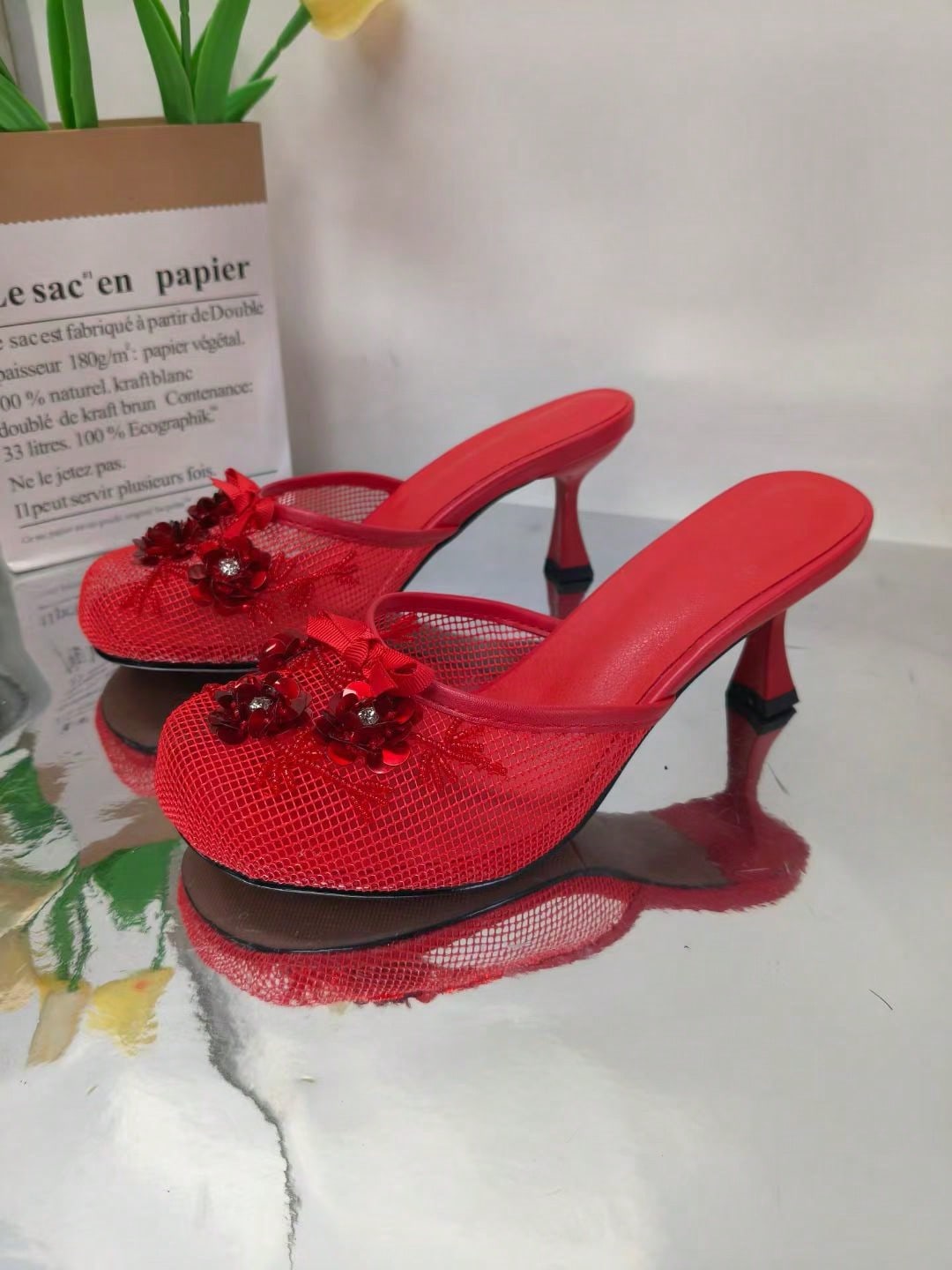 Women's Mesh Mule Slip On Sandals With Floral Sequin Embellishments Round Toe Middle Heel Slides Slippers