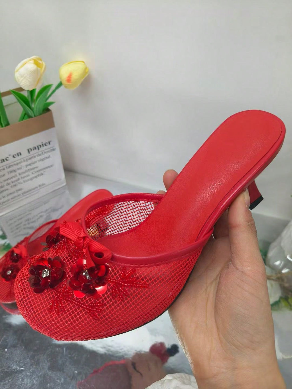 Women's Mesh Mule Slip On Sandals With Floral Sequin Embellishments Round Toe Middle Heel Slides Slippers