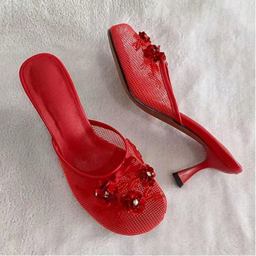 Women's Mesh Mule Slip On Sandals With Floral Sequin Embellishments Round Toe Middle Heel Slides Slippers