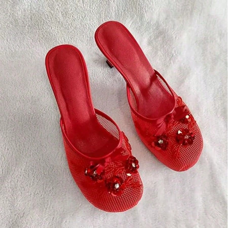 Women's Mesh Mule Slip On Sandals With Floral Sequin Embellishments Round Toe Middle Heel Slides Slippers