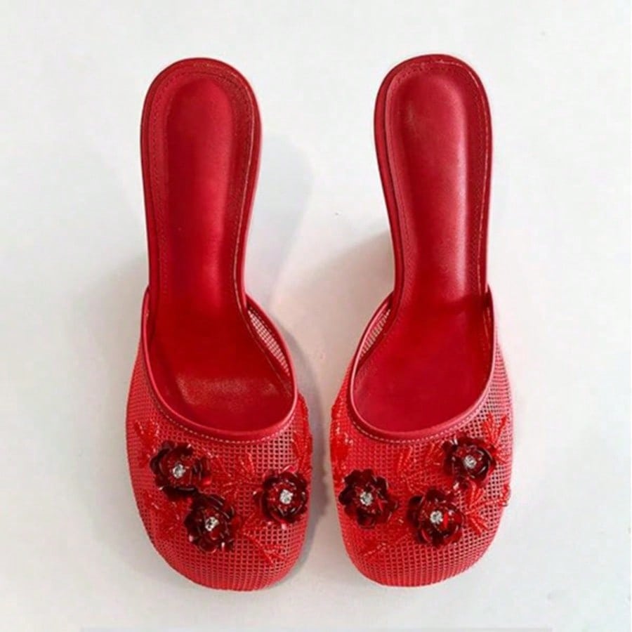 Women's Mesh Mule Slip On Sandals With Floral Sequin Embellishments Round Toe Middle Heel Slides Slippers