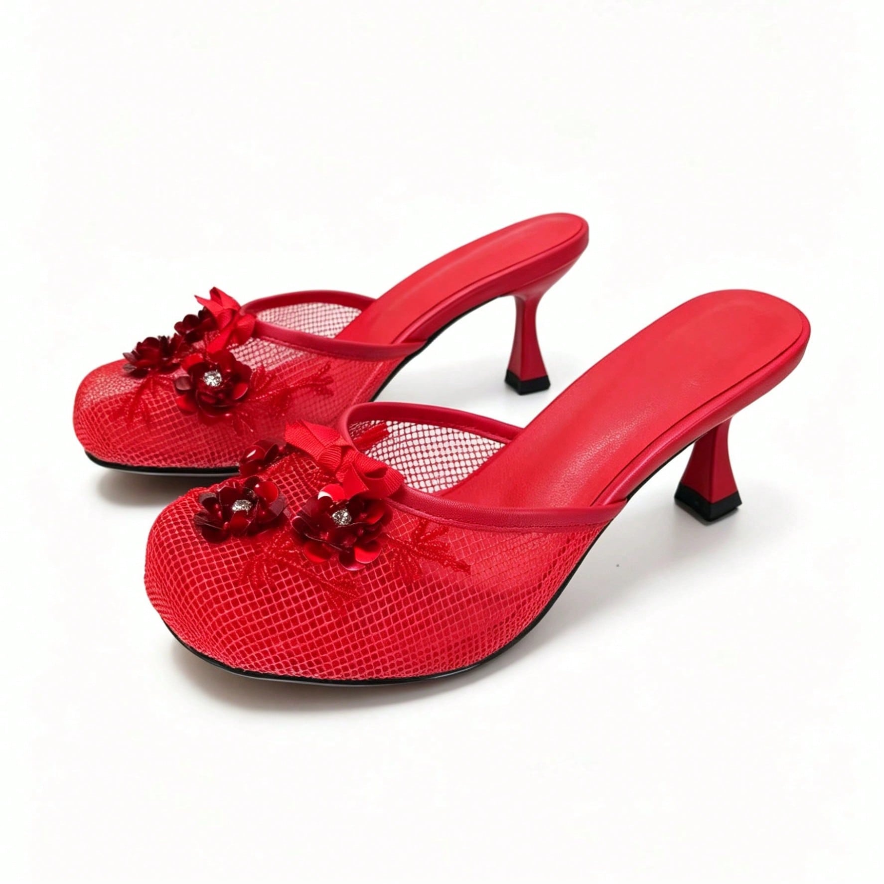 Women's Mesh Mule Slip On Sandals With Floral Sequin Embellishments Round Toe Middle Heel Slides Slippers
