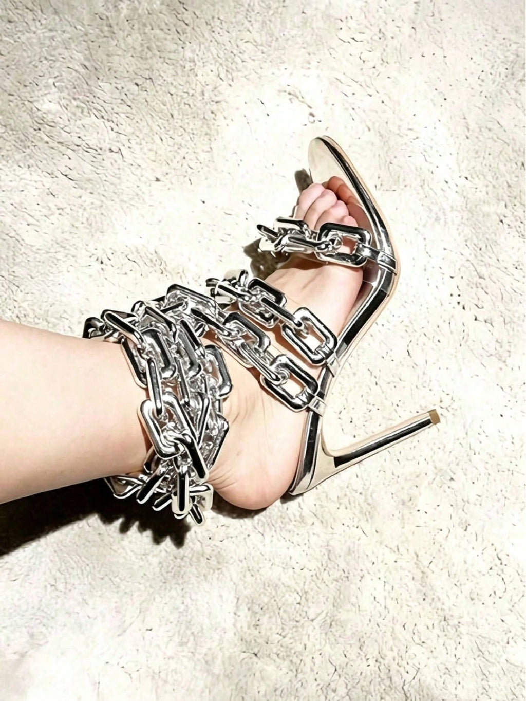 Women's Ankle Leg Lace Up Gold Link Chain Clear PVC Strappy Stiletto Round Toe High Heeled Sandals Party Wedding PVC Glass Wedding