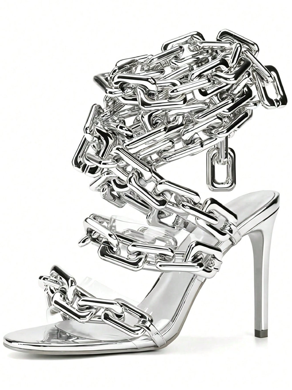 Women's Ankle Leg Lace Up Gold Link Chain Clear PVC Strappy Stiletto Round Toe High Heeled Sandals Party Wedding PVC Glass Wedding