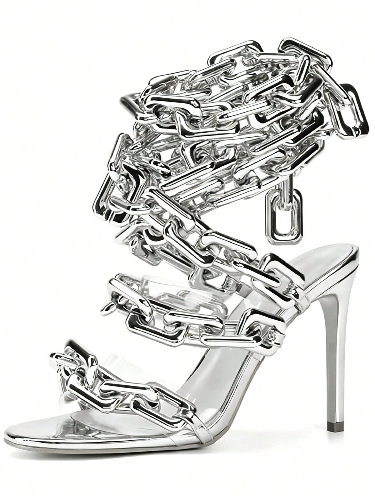 Women’s Clear PVC Stiletto High Heel Sandals, Gold Link Chain Ankle Lace‑Up Round Toe Heels for Party Wedding