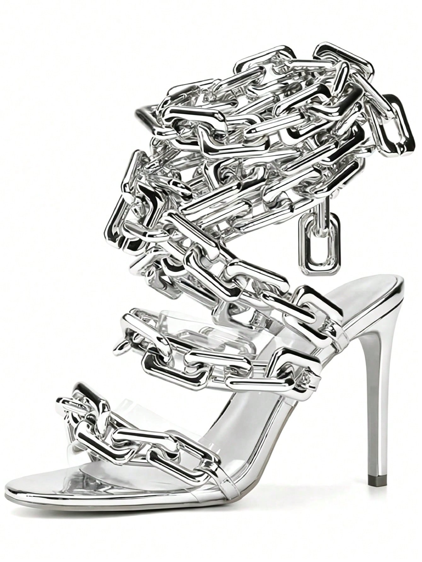 Women's Ankle Leg Lace Up Gold Link Chain Clear PVC Strappy Stiletto Round Toe High Heeled Sandals Party Wedding PVC Glass Wedding