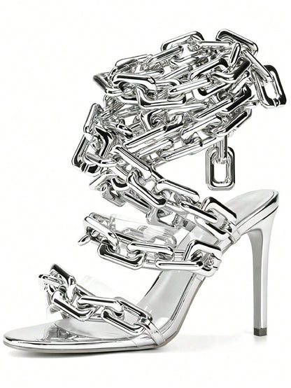 Women’s Clear PVC Stiletto High Heel Sandals, Gold Link Chain Ankle Lace‑Up Round Toe Heels for Party Wedding