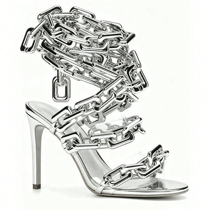 Women’s Clear PVC Stiletto High Heel Sandals, Gold Link Chain Ankle Lace‑Up Round Toe Heels for Party Wedding