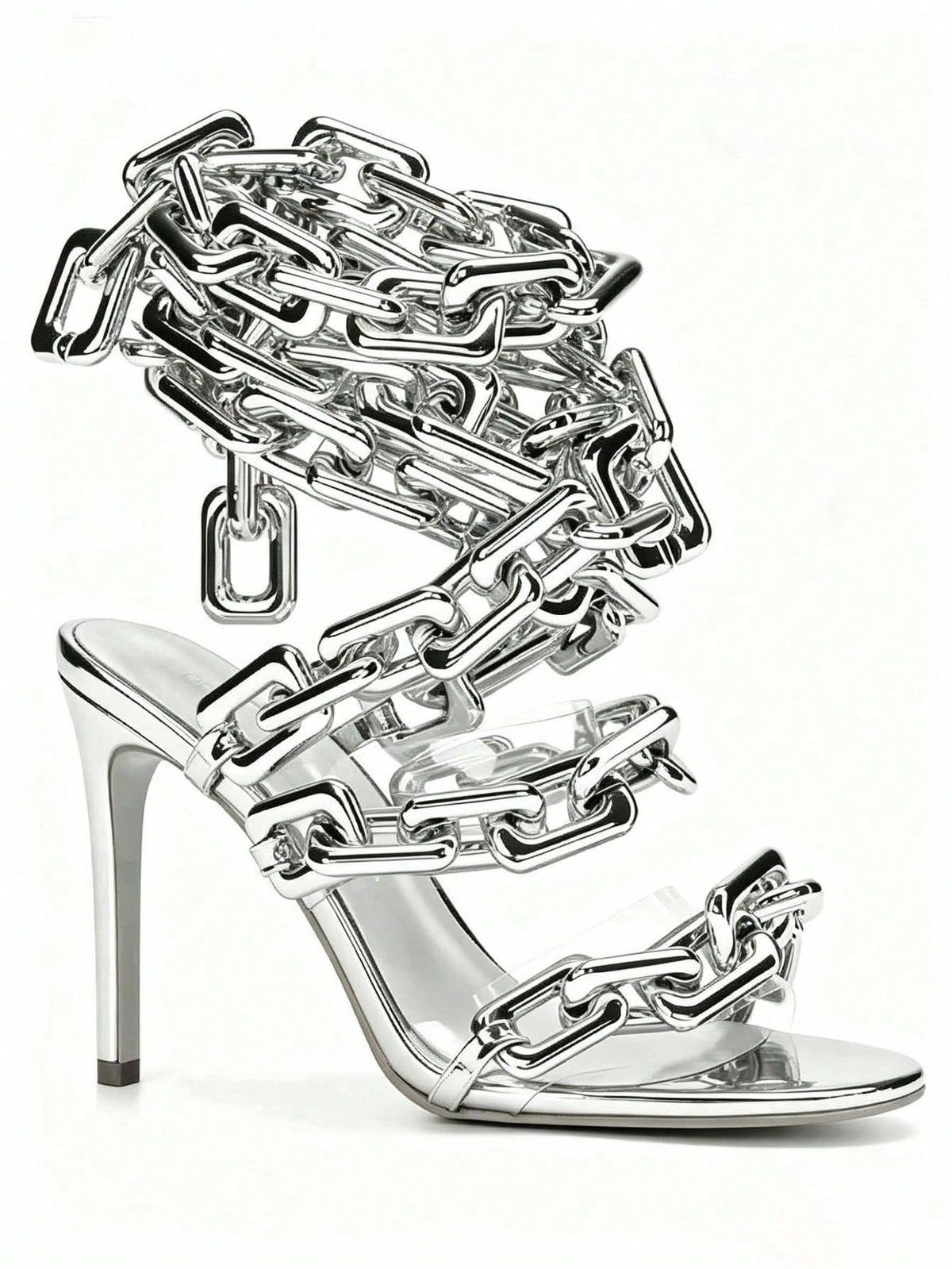 Women’s Clear PVC Stiletto High Heel Sandals, Gold Link Chain Ankle Lace‑Up Round Toe Heels for Party Wedding