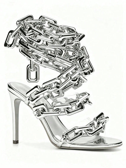 Women’s Clear PVC Stiletto High Heel Sandals, Gold Link Chain Ankle Lace‑Up Round Toe Heels for Party Wedding