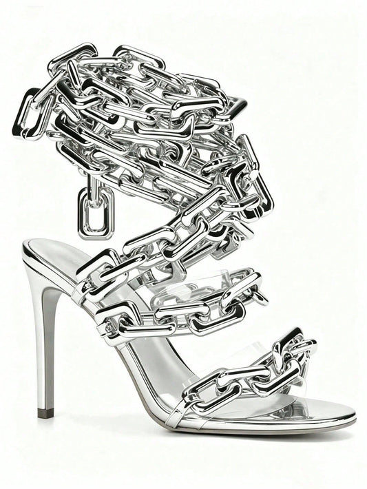 Women’s Clear PVC Stiletto High Heel Sandals, Gold Link Chain Ankle Lace‑Up Round Toe Heels for Party Wedding