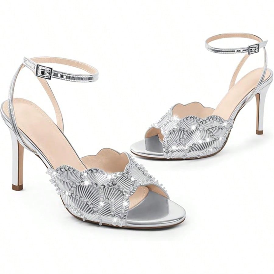 Rhinestone Heeled Sandals Open Toe Ankle Strap Stiletto High Heels Dressy Wedding Party Glitter Summer Sandals