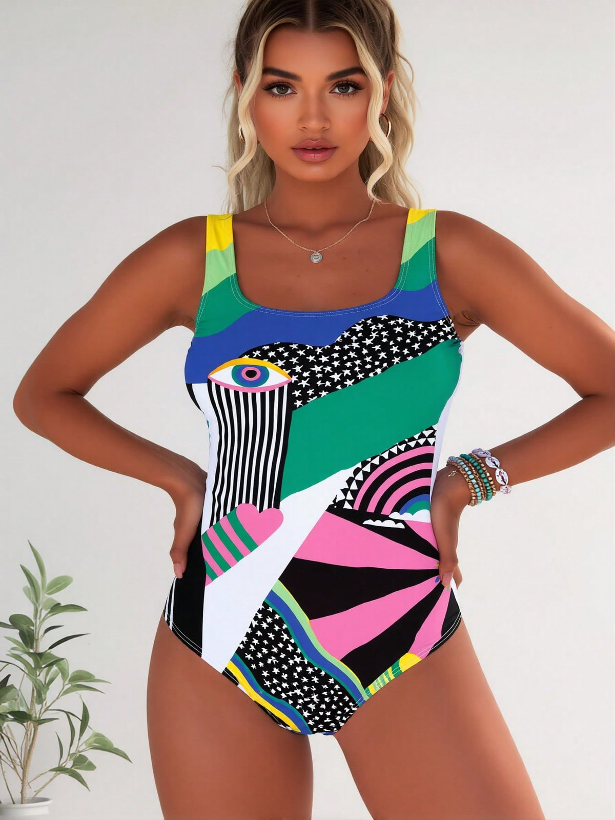 New Abstract Geometric Print One Piece Swimsuit, Square Neck Evil Eye & Rainbow Tummy Control Bathing Suit