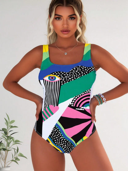 New Abstract Geometric Print One Piece Swimsuit, Square Neck Evil Eye & Rainbow Tummy Control Bathing Suit