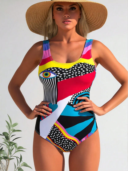 New Bold Abstract Artistic Print Swimsuit, Evil Eye & Star Pattern Slimming One Piece Swimwear
